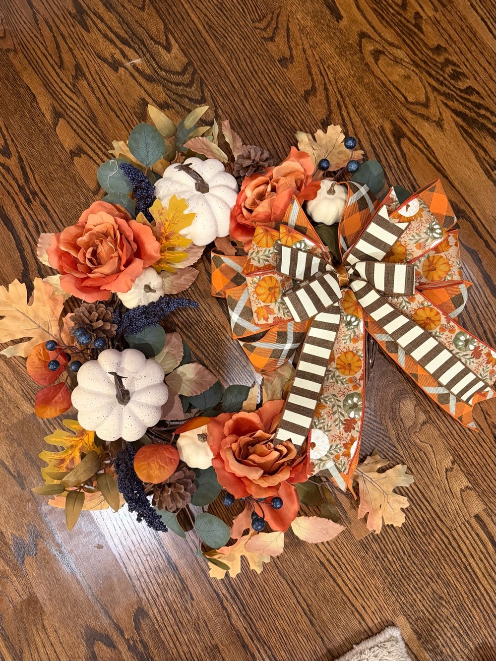 Harvest Rose & Pumpkin Fall Wreath with Orange Bow